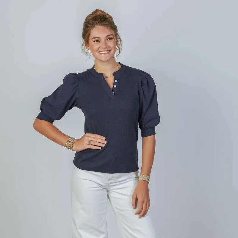 Margot Puff Sleeve V in Navy | erin gray