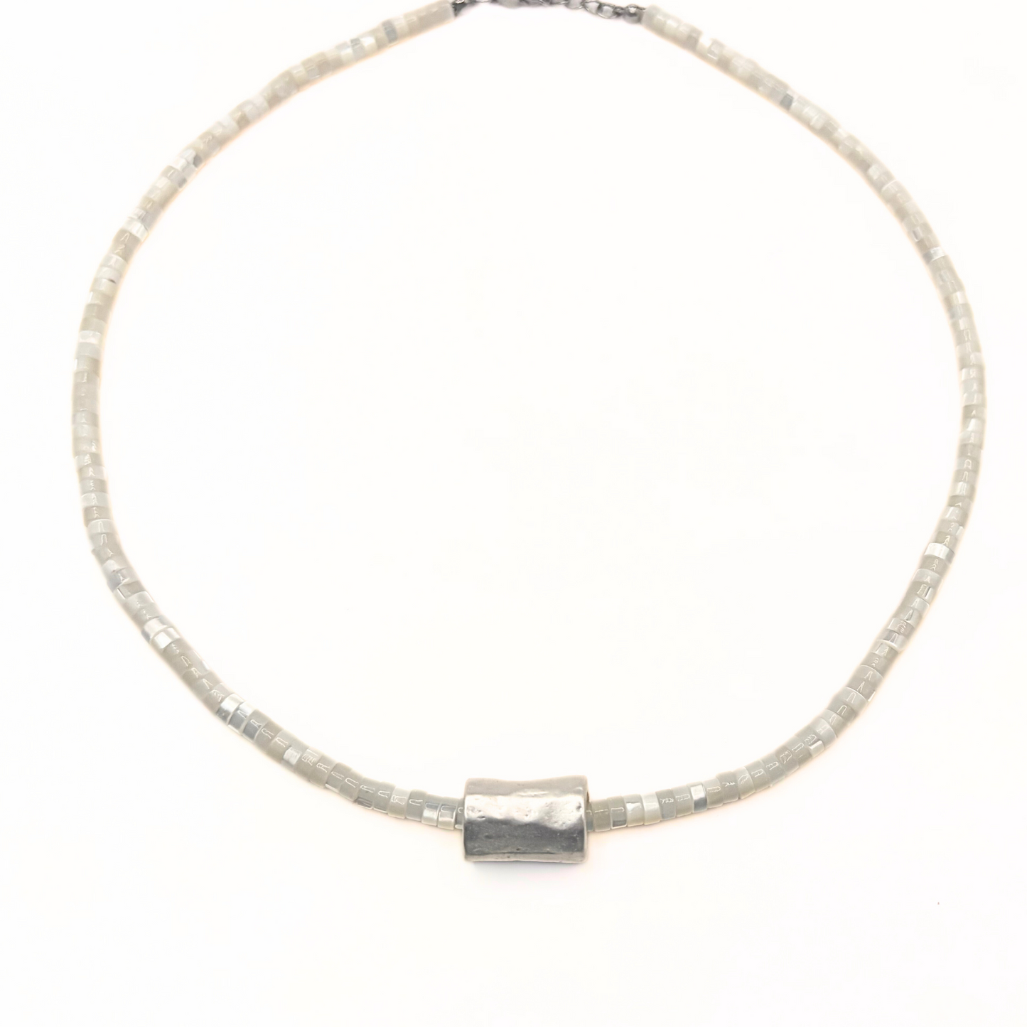 Heishi Matte Silver Barrel Necklace in WHITE MOTHER OF PEARL