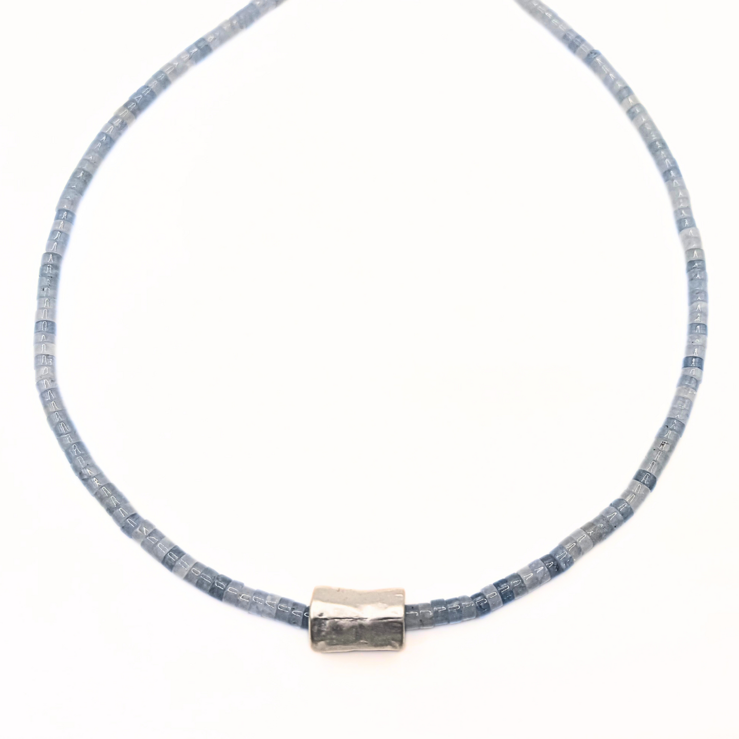 Heishi Matte Silver Barrel Necklace in AQUAMARINE