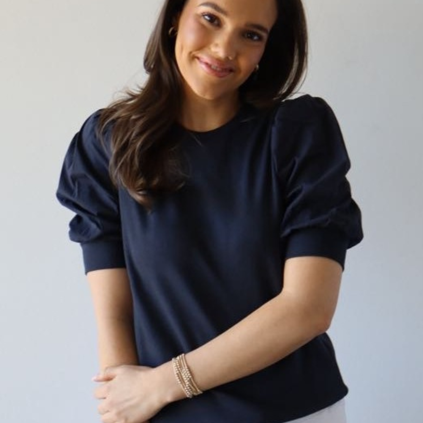 Audrey Puff Sleeve Crewneck in Navy