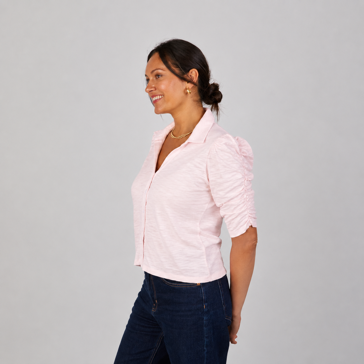 Grace Button-Up Elbow-Length Tee in Light Pink erin gray