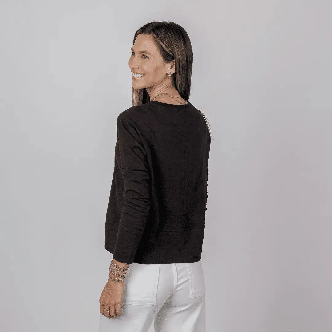 Black long sleeve Celia Perfect Length Tee by erin gray, shown flat with a casual fit, soft fabric, and classic crew neckline.
