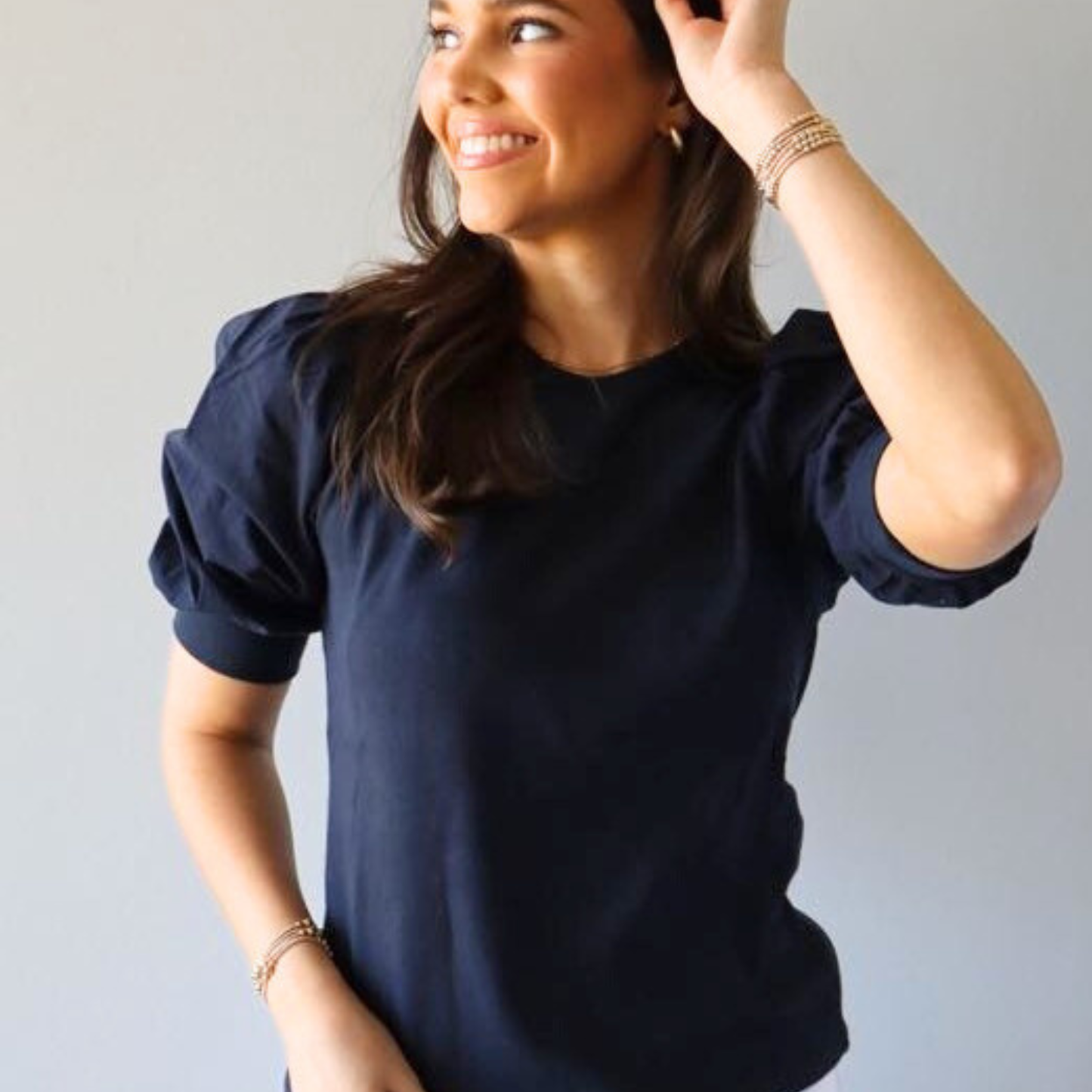 Audrey Puff Sleeve Crewneck in Navy