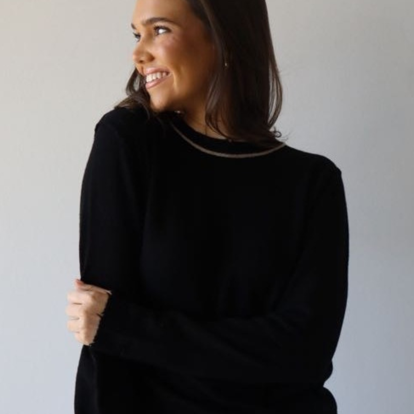 Highland Raw Edge 100% Mongolian Cashmere Sweater in Black with Beige