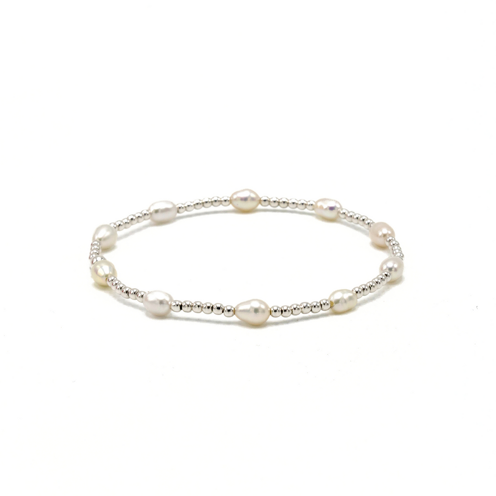 Petite Patterned Rice Pearl Bracelet with Sterling Silver Beads