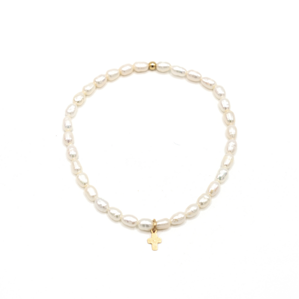 Rice Pearl Waterproof Bracelet with a Gold-Filled Luxe Cross