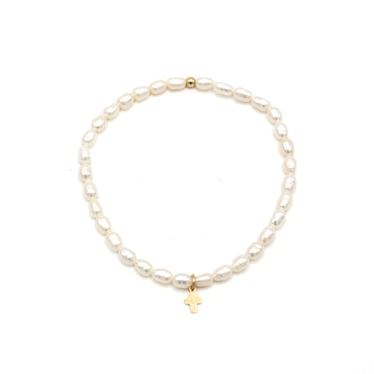 Rice Pearl Waterproof Bracelet with a Gold-Filled Luxe Cross