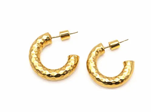 Allure 20mm brushed gold hammered hoop earring by Erin Gray, showcasing a shiny, textured gold jewelry hoop on a white background.
