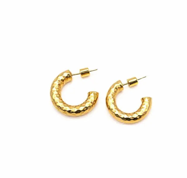 Brushed gold hammered hoop earring from erin gray's Allure collection, 20mm diameter, stylish jewelry accessory.