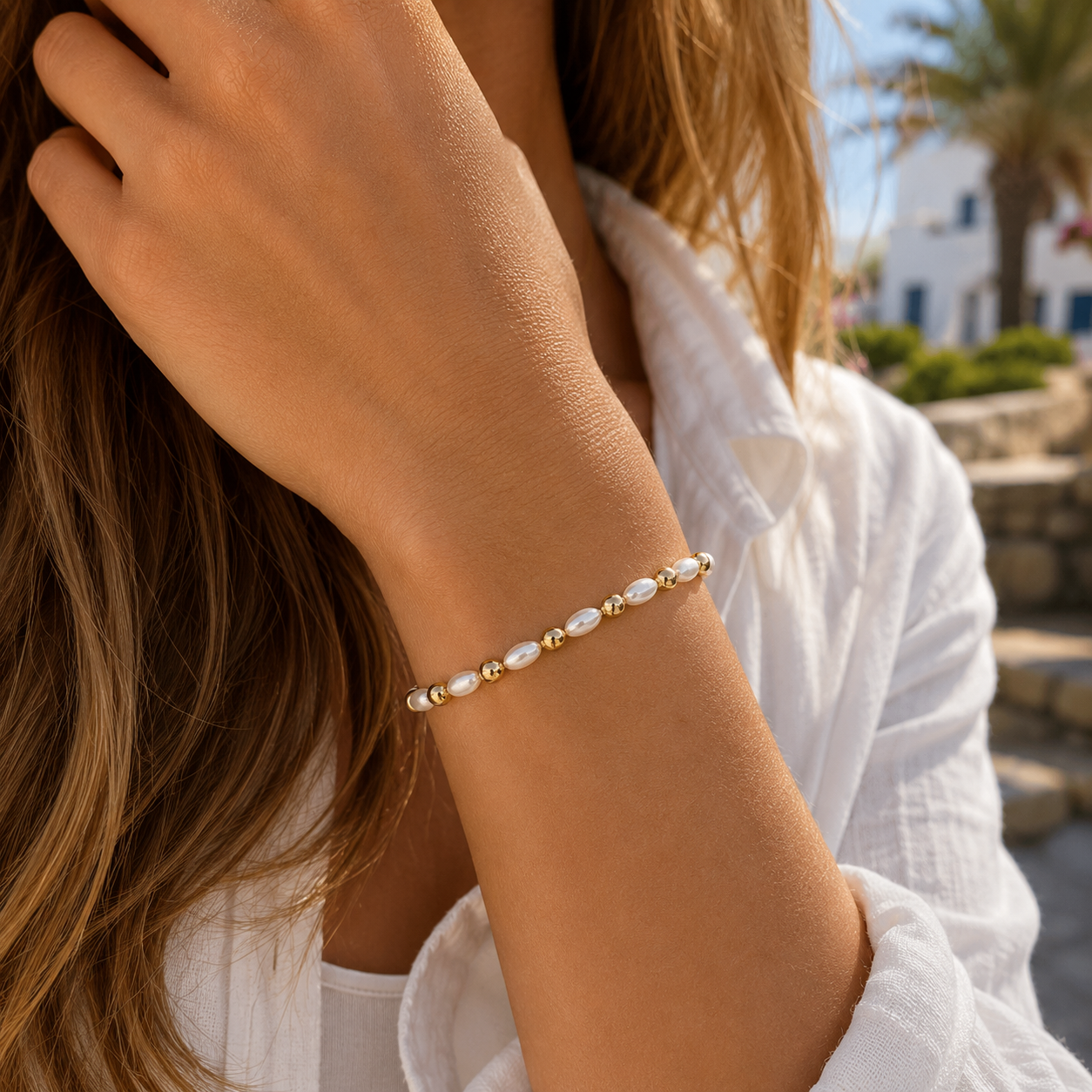 4mm Montauk 14k Gold and Pearl Waterproof Bracelet erin gray