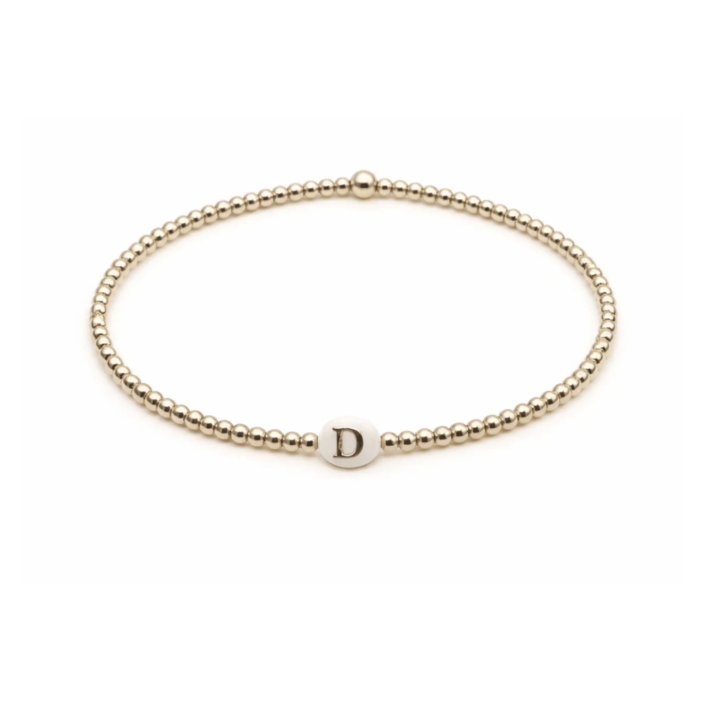 Gold filled initial mother of pearl charm bracelet by erin gray featuring a 2mm waterproof design and elegant jewelry style.