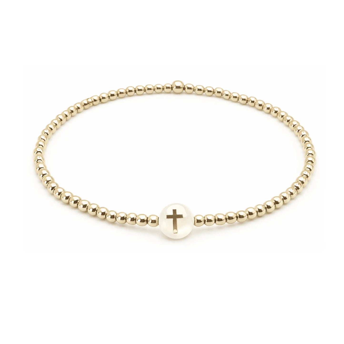 Gold filled bracelet with a 2mm cross and mother of pearl charm, waterproof jewelry by Erin Gray.