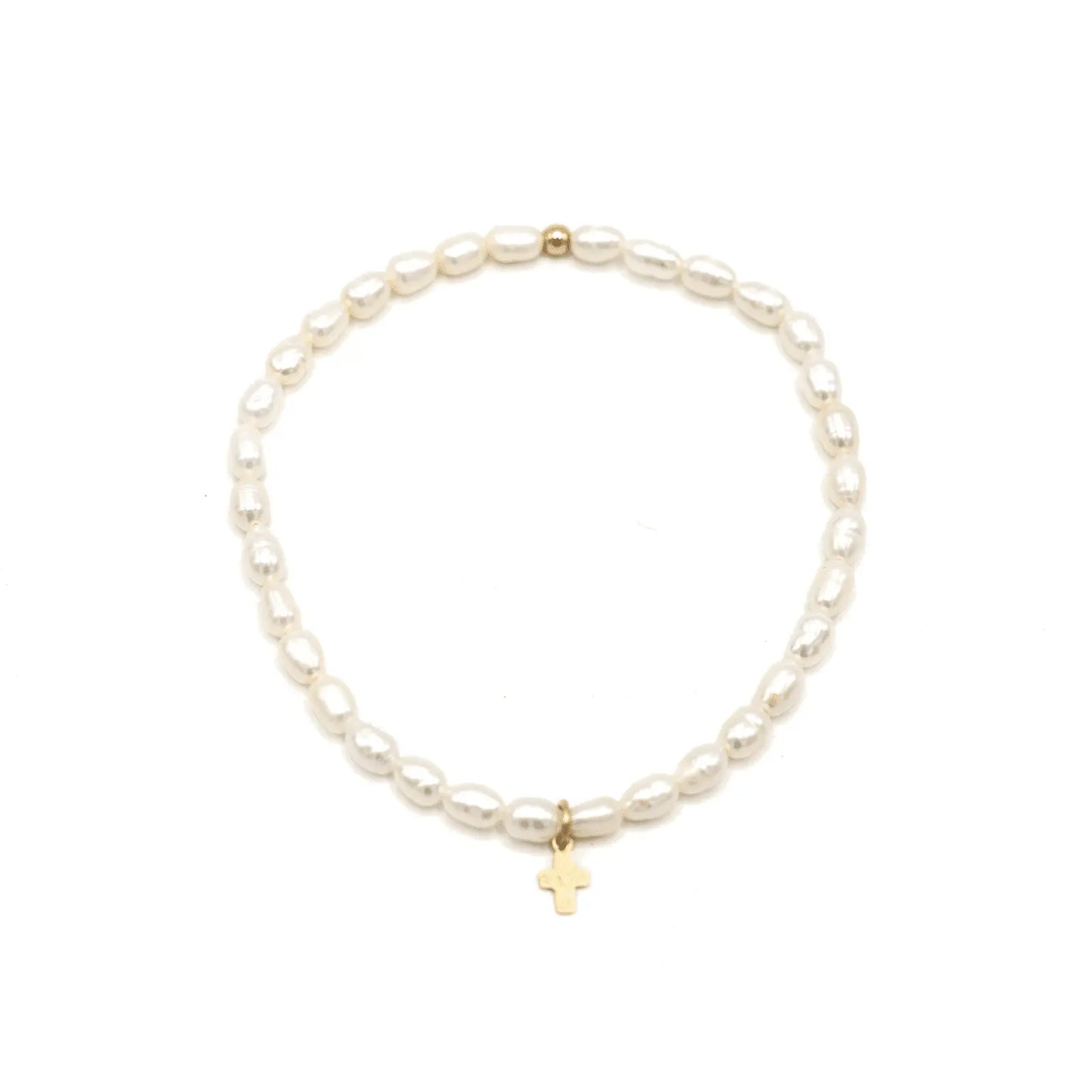 Gold-filled Rice Pearl Waterproof Bracelet with Luxe Cross from erin gray jewelry, featuring elegant pearl and cross design.