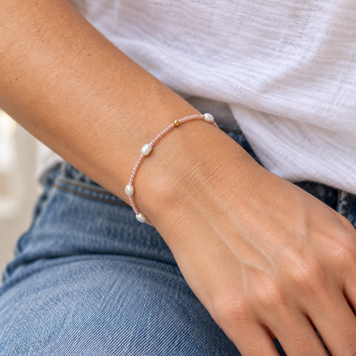 Erin Gray Sedona Pearl and Beaded Stretch Bracelet in pale pink with pearl and bead details, elegant jewelry accessory