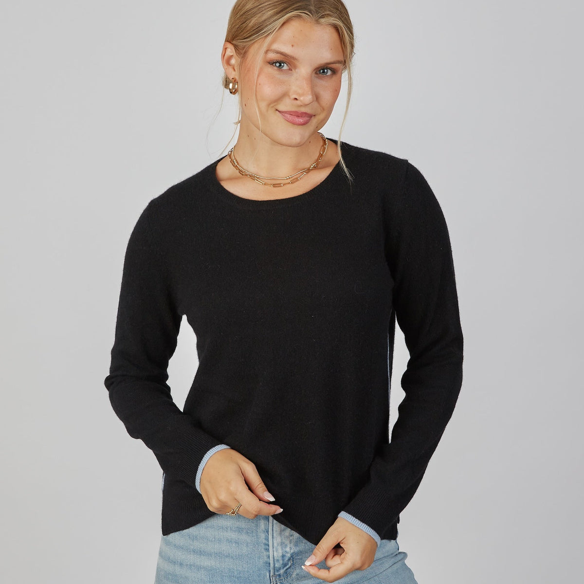 Cashmere Contrast Trim Sweater in Black with Light Blue Trim erin gray