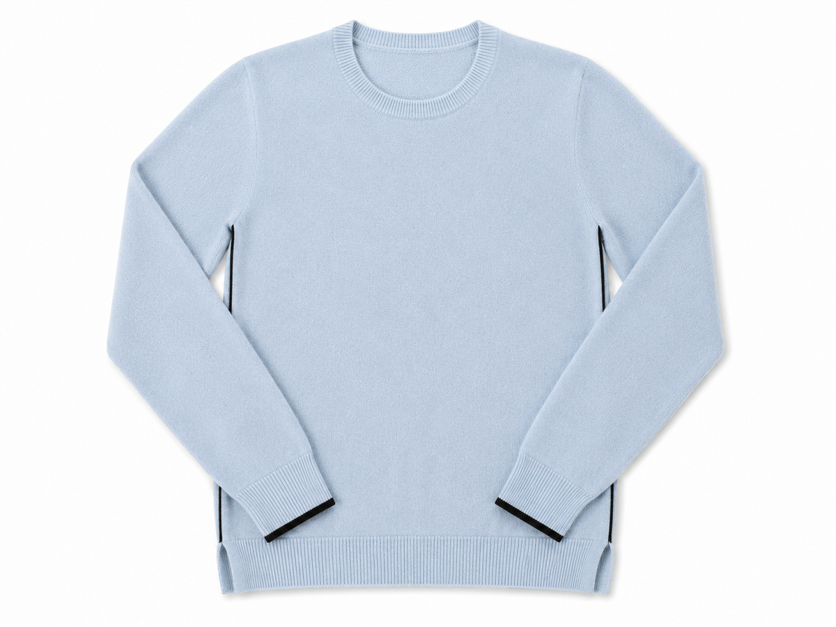 Cashmere Contrast Trim Sweater in Light Blue with Black Trim erin gray