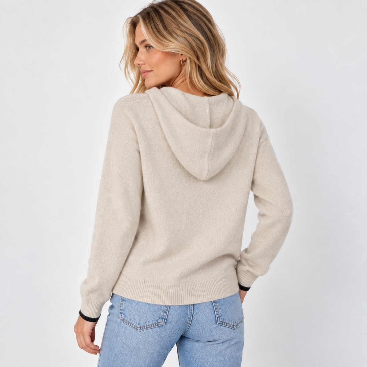 Highland Hoodie 100% Mongolian Cashmere in Beige with Black erin gray