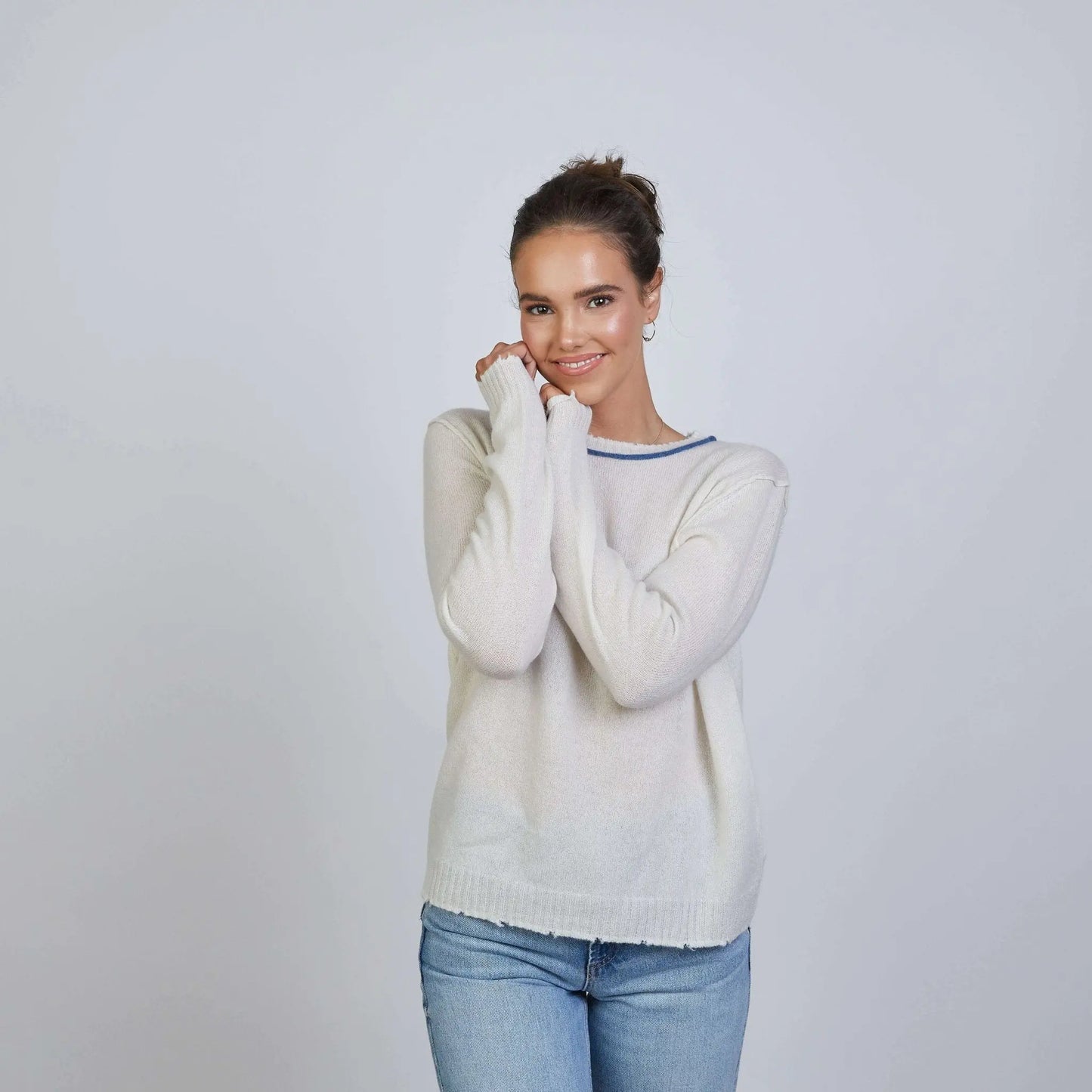 Ivory Highland Raw Edge Mongolian Cashmere Sweater by erin gray featuring blue accents, casual apparel with textured raw edge detail.