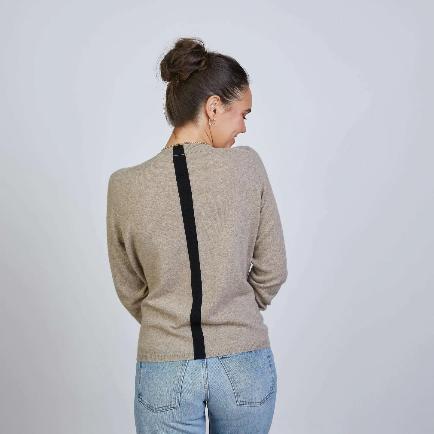 Highland Stripe 100% Mongolian Cashmere Sweater in camel and black by erin gray, featuring a cozy, striped design.