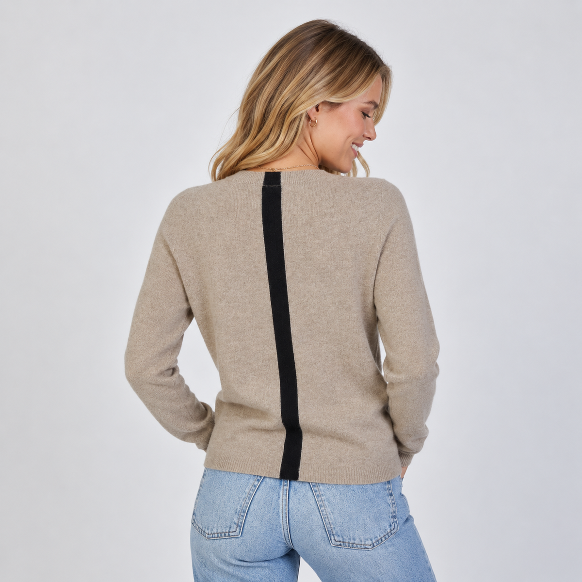 Highland Stripe 100% Mongolian Cashmere Sweater in Camel with Black erin gray
