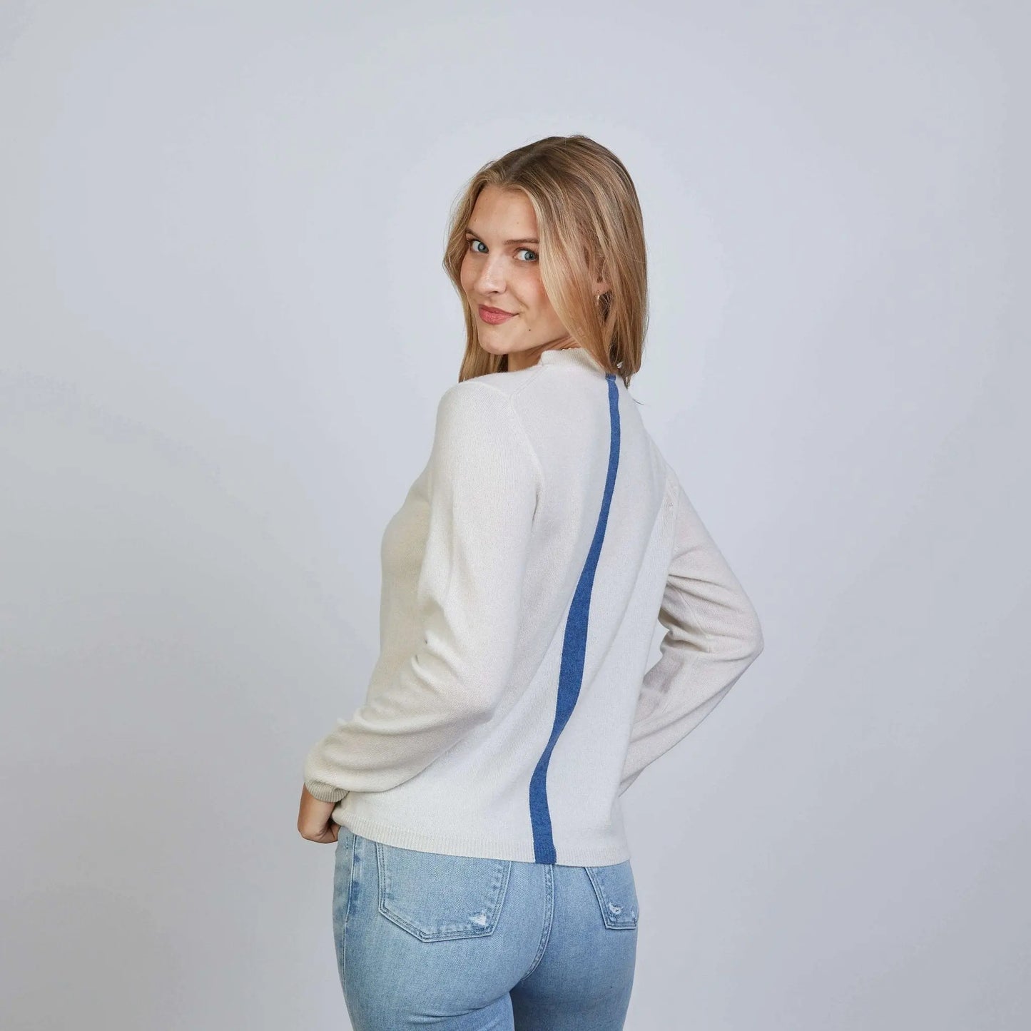 Erin Gray Highland Stripe 100% Mongolian Cashmere Sweater in ivory with blue, showcasing soft, cozy knit apparel.