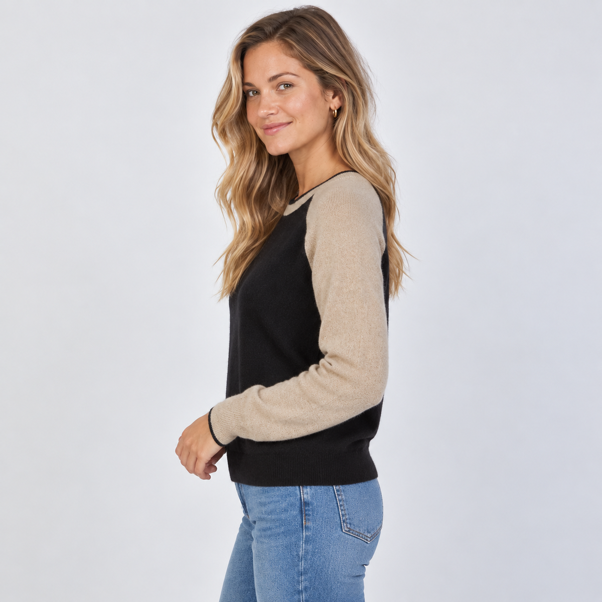 Cashmere Raglan Sweater in Black with Camel Sleeves erin gray