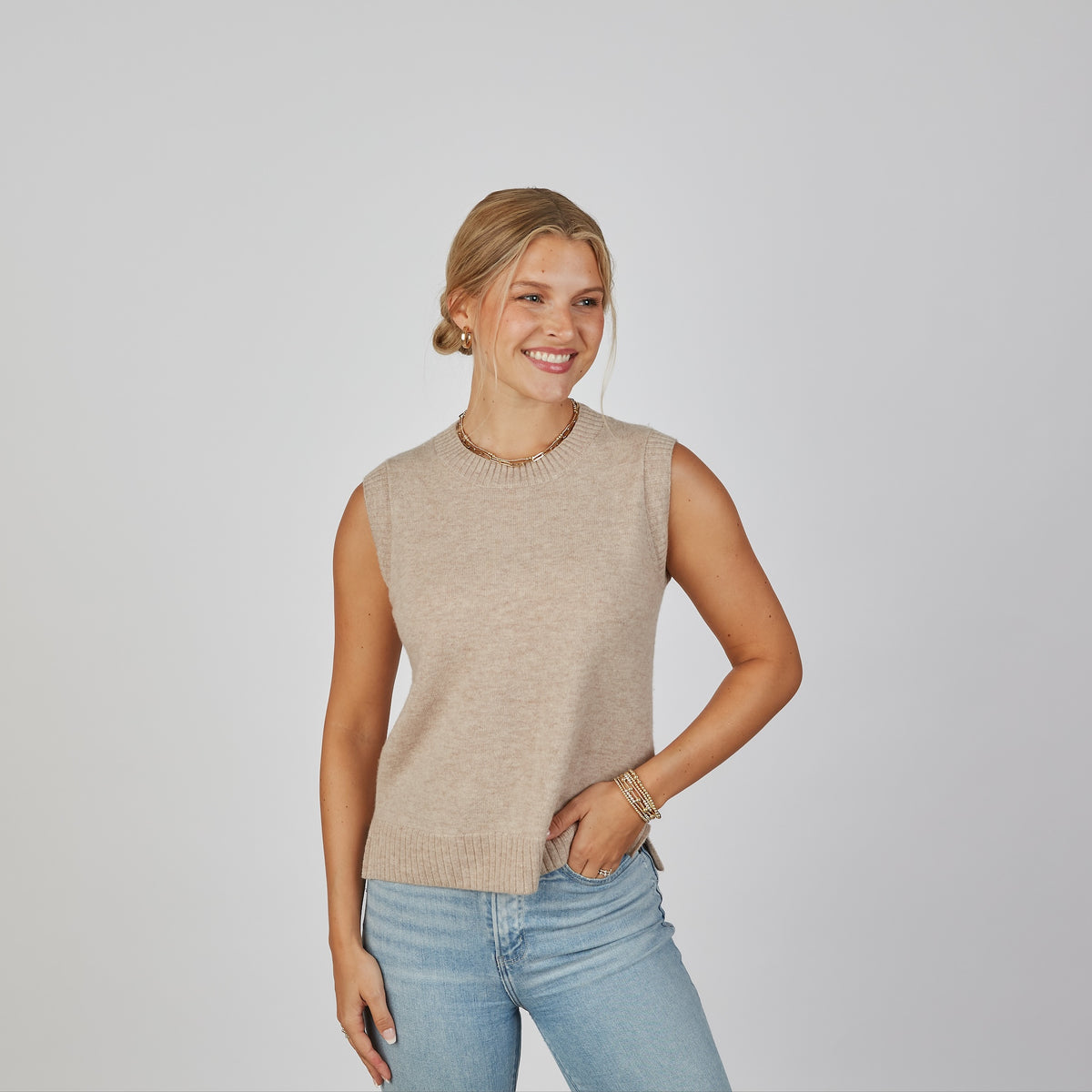 Cashmere Vest Sweater in Camel erin gray