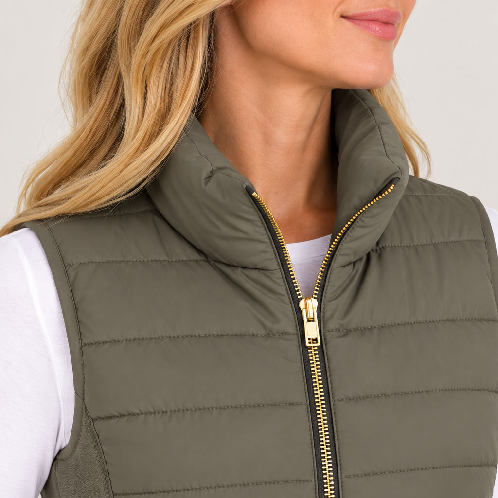 The Icon Perfect Fit Puffer Vest in Brown & Black erin gray