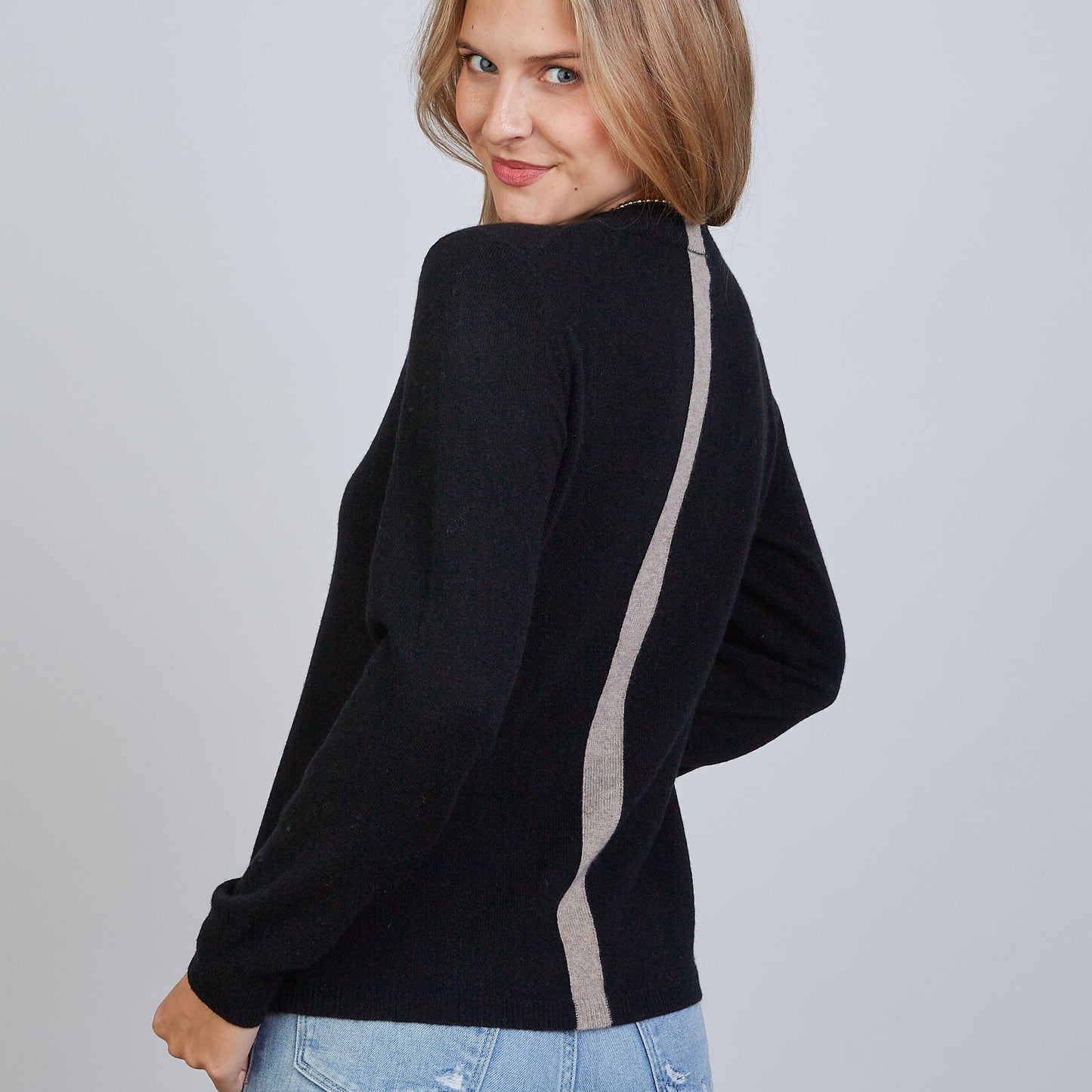 100% mongolian cashmere sweater with contrast stripe - Erin Gray