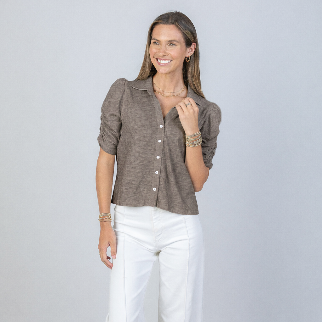 womens Button-Up Elbow-Length Top