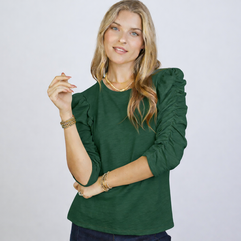 Sophie Ruched Elbow-length Tee in Forest Green