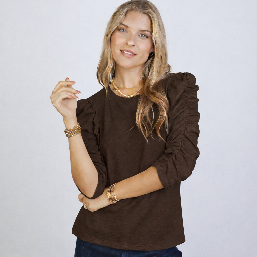 Sophie Ruched Elbow-length Tee in Espresso Brown