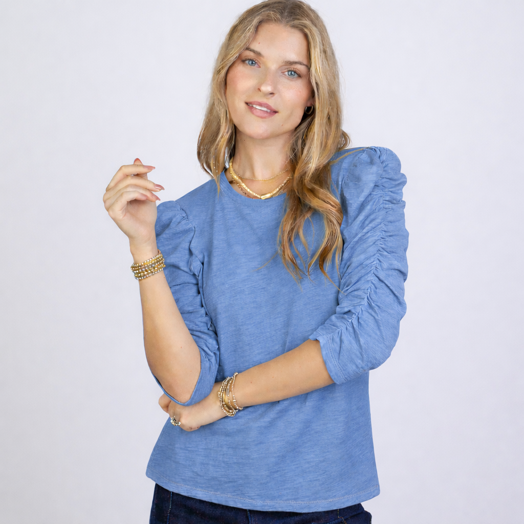 Sophie Ruched Elbow-length Tee in Denim