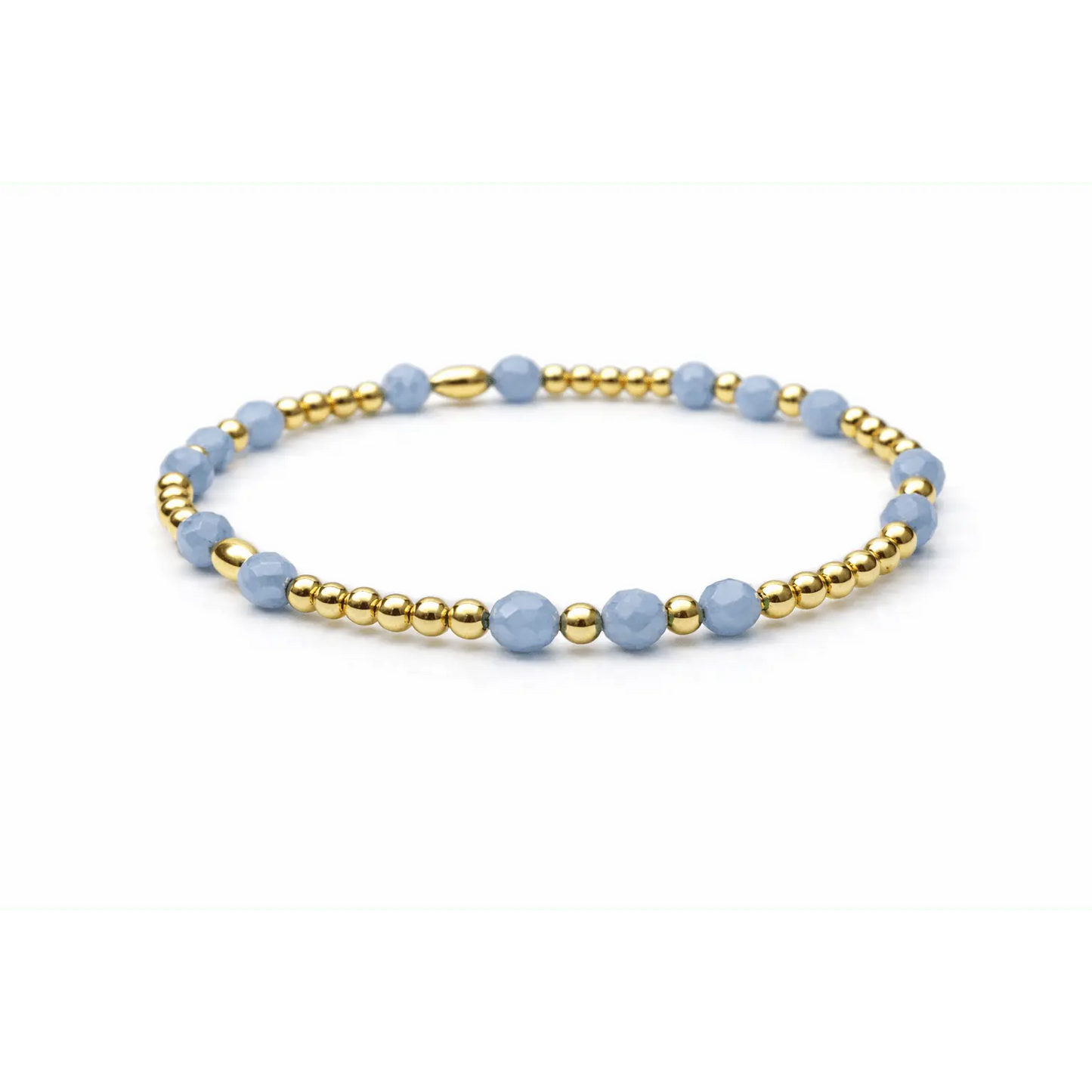 Angelite and 14k gold filled beaded bracelet by erin gray, showcasing a waterproof design with soft blue beads.