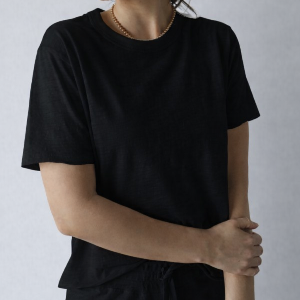 Relaxed Crew in Black with Oyster Stripe - Short Sleeve