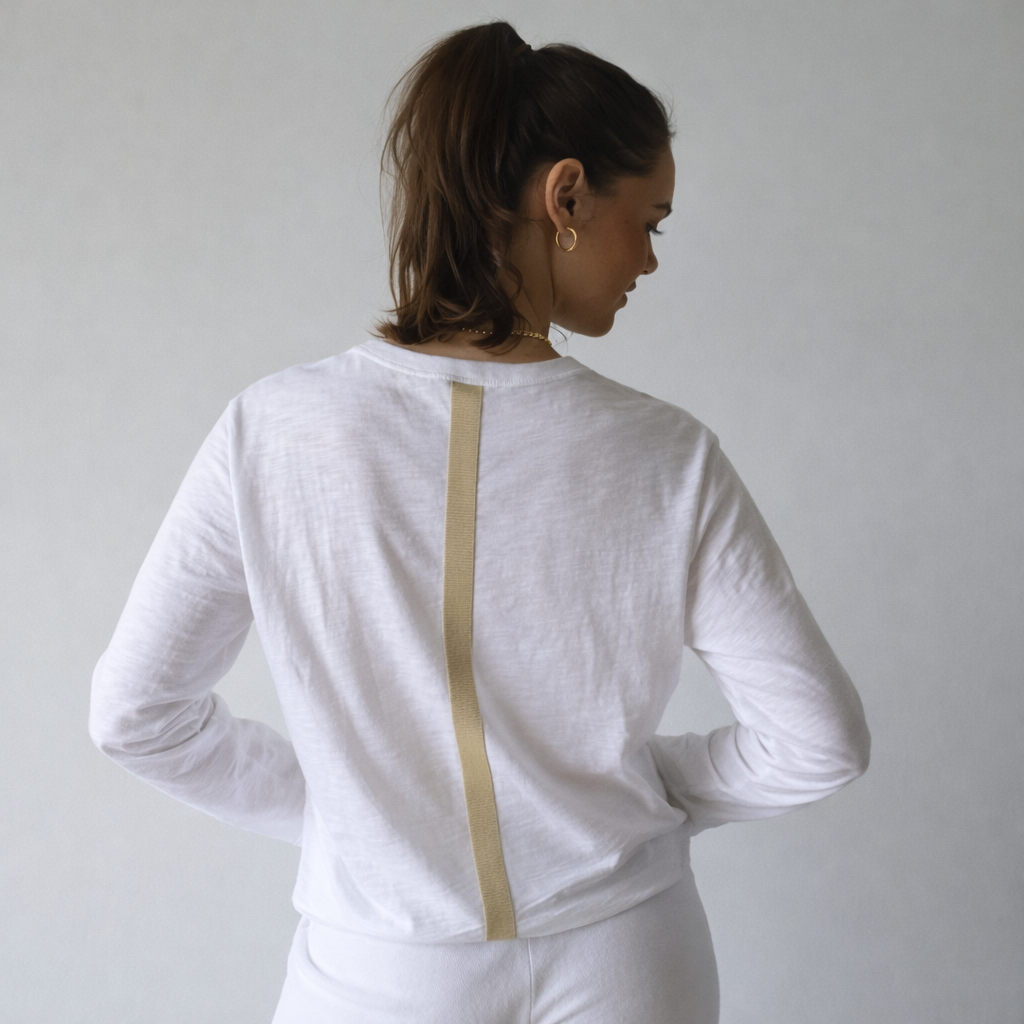 Relaxed Crew in White with Oyster Stripe - Long Sleeve