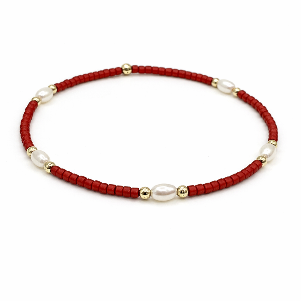 Game Day - Pearl, Crimson & Gold-Filled Waterproof Bracelets
