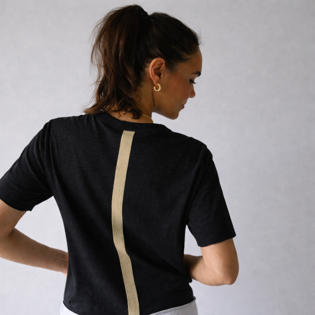 Relaxed Crew in Black with Oyster Stripe - Short Sleeve