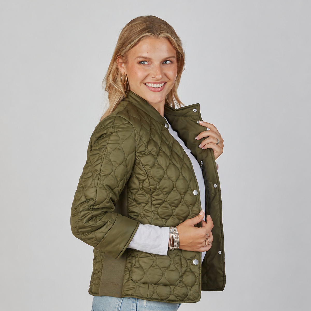 Jacqueline 3/4 Sleeve Jacket in Olive erin gray