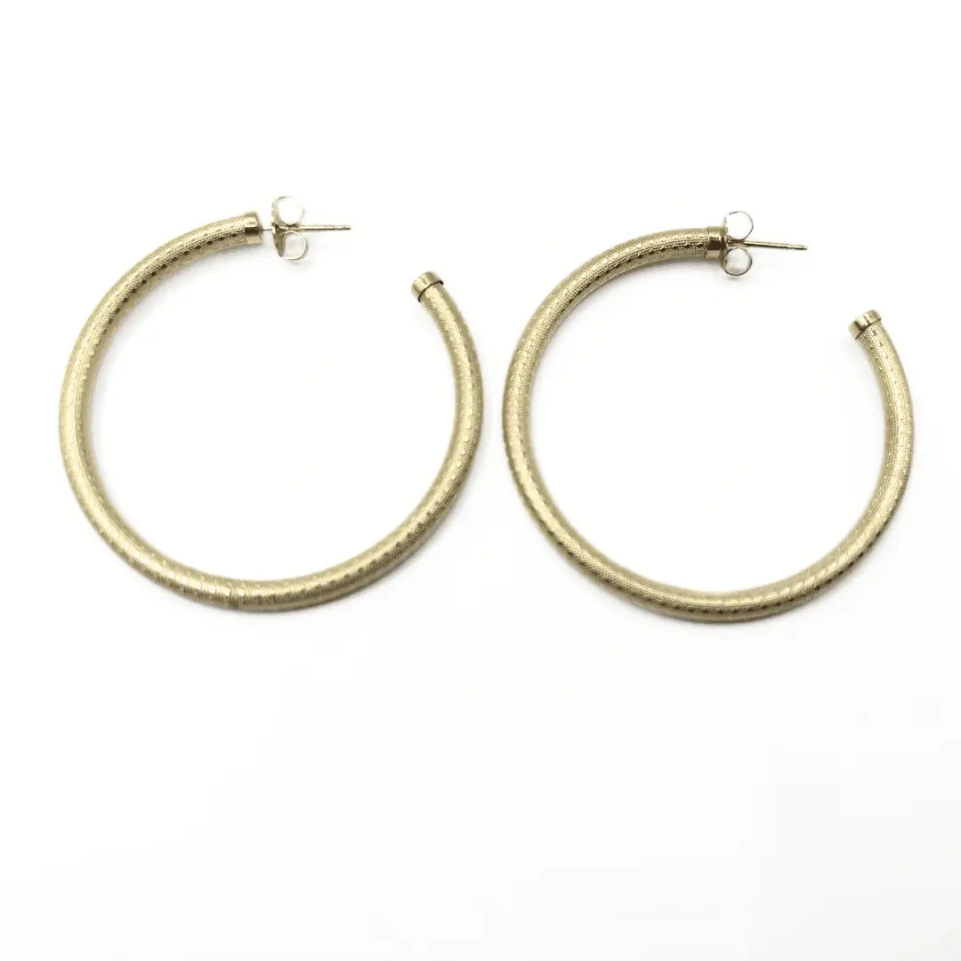 14k gold filled Bali patterned post hoop earrings by Erin Gray, 42mm jewelry with intricate design and polished finish