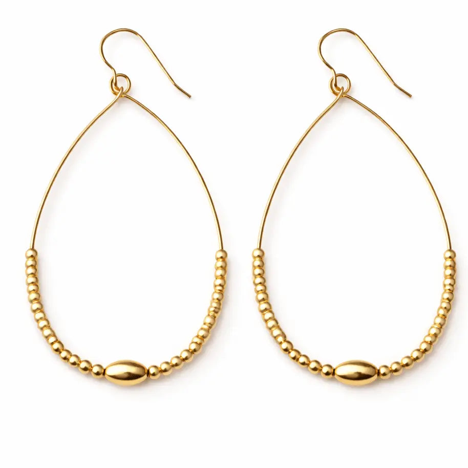 Gold filled beaded oval teardrop earrings by erin gray, showcasing elegant jewelry design with intricate bead details.