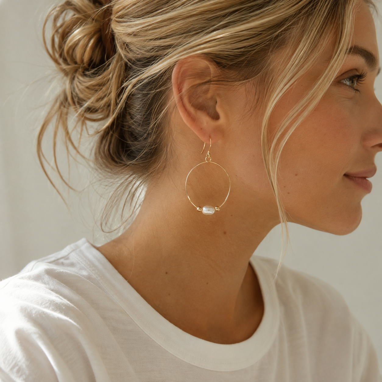 Gold filled Simple Rice Pearl Hoop Danglers - Waterproof erin gray