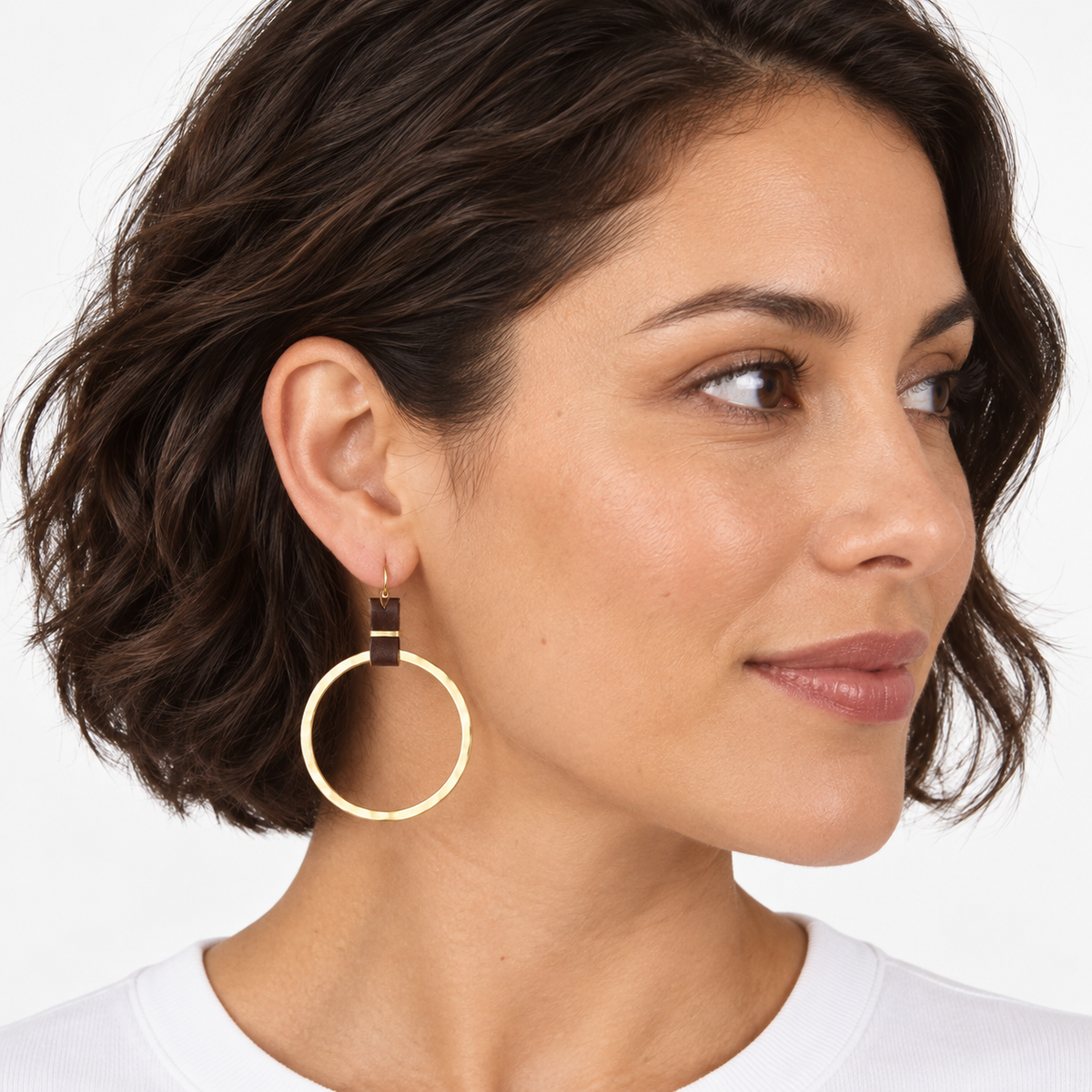 Gold and Brown Wired Wrapped Leather Earring erin gray