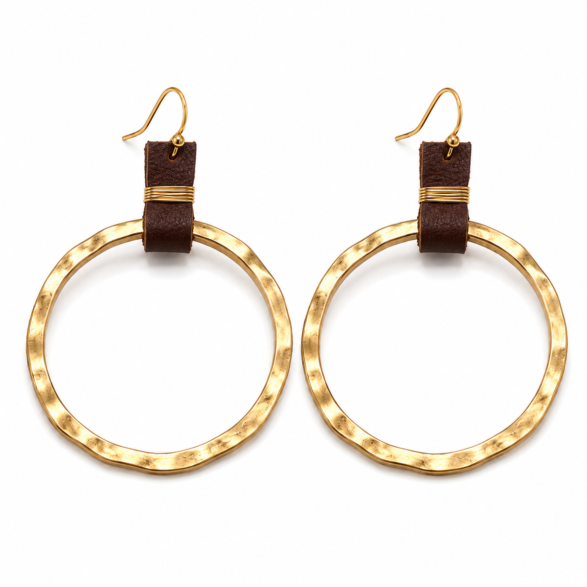 Gold and brown wired wrapped leather earrings by erin gray, featuring handcrafted jewelry with leather and metal wire details.