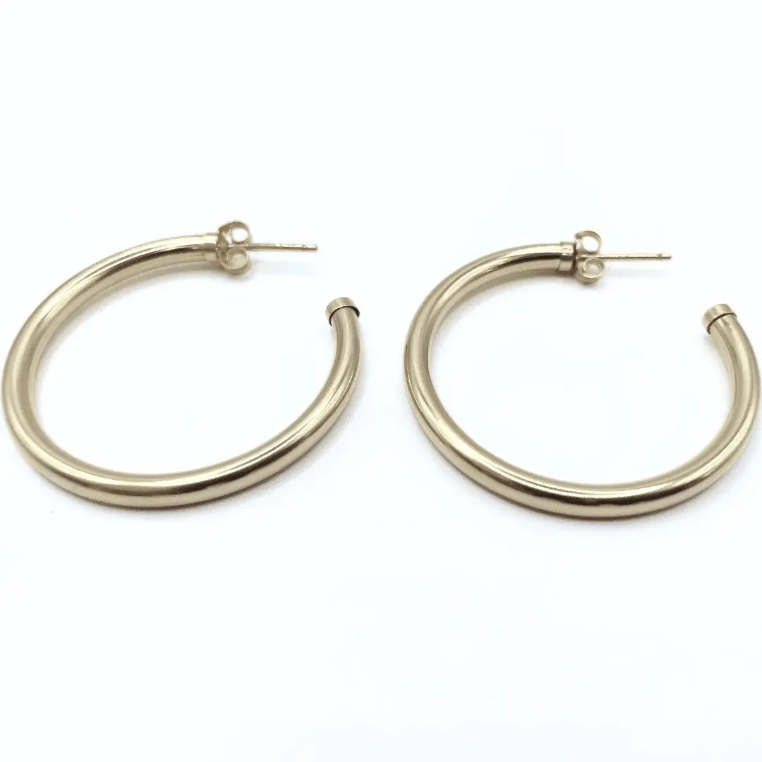 Erin Gray Paris 34mm 14K gold-filled post hoop earrings, waterproof jewelry with a sleek, polished finish.