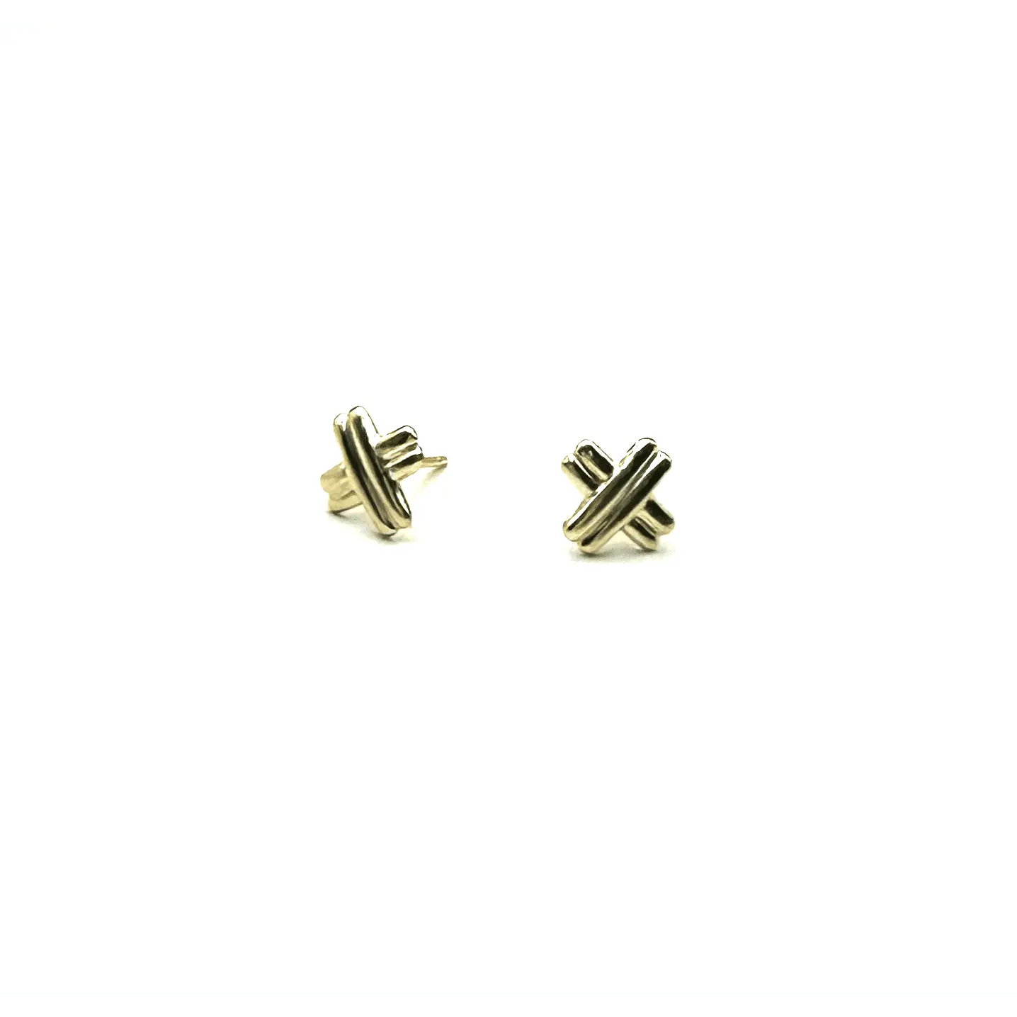 Petite criss-cross stud earrings in 14k gold-filled jewelry by Erin Gray, close-up of the stylish design and shiny finish.