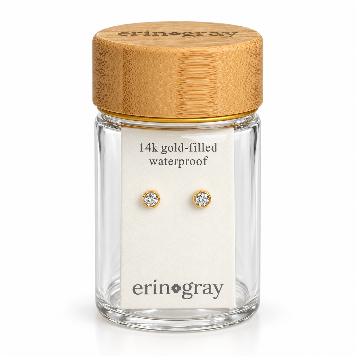 4mm White CZ Stud Earring in 14k Gold-filled Bezel Setting in erin gray bottle