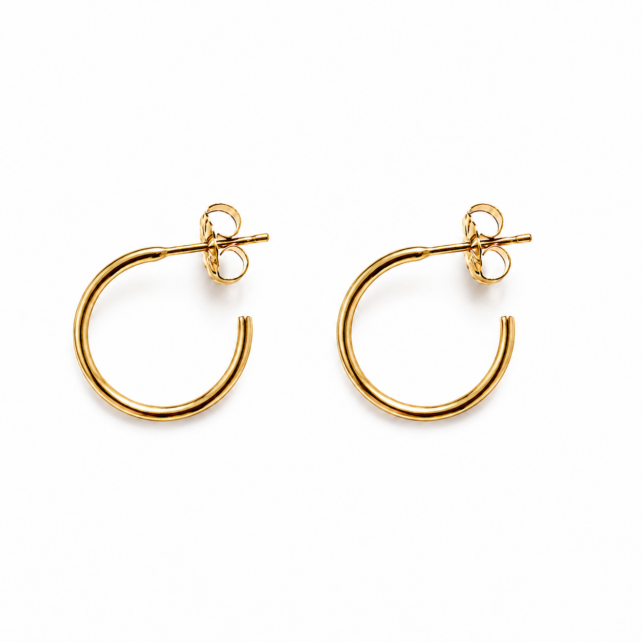 A pair of gold hoop earrings with open ends and butterfly backings, displayed on a clean white background.