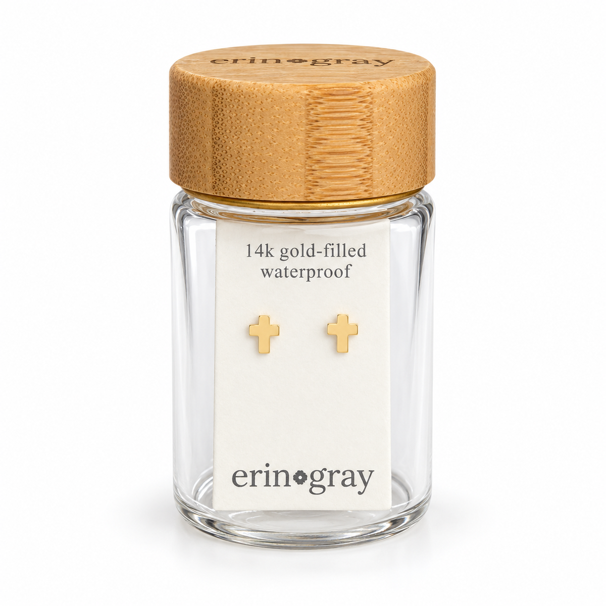 Tiny Cross Stud Earring in 14k Gold Filled in erin gray bottle