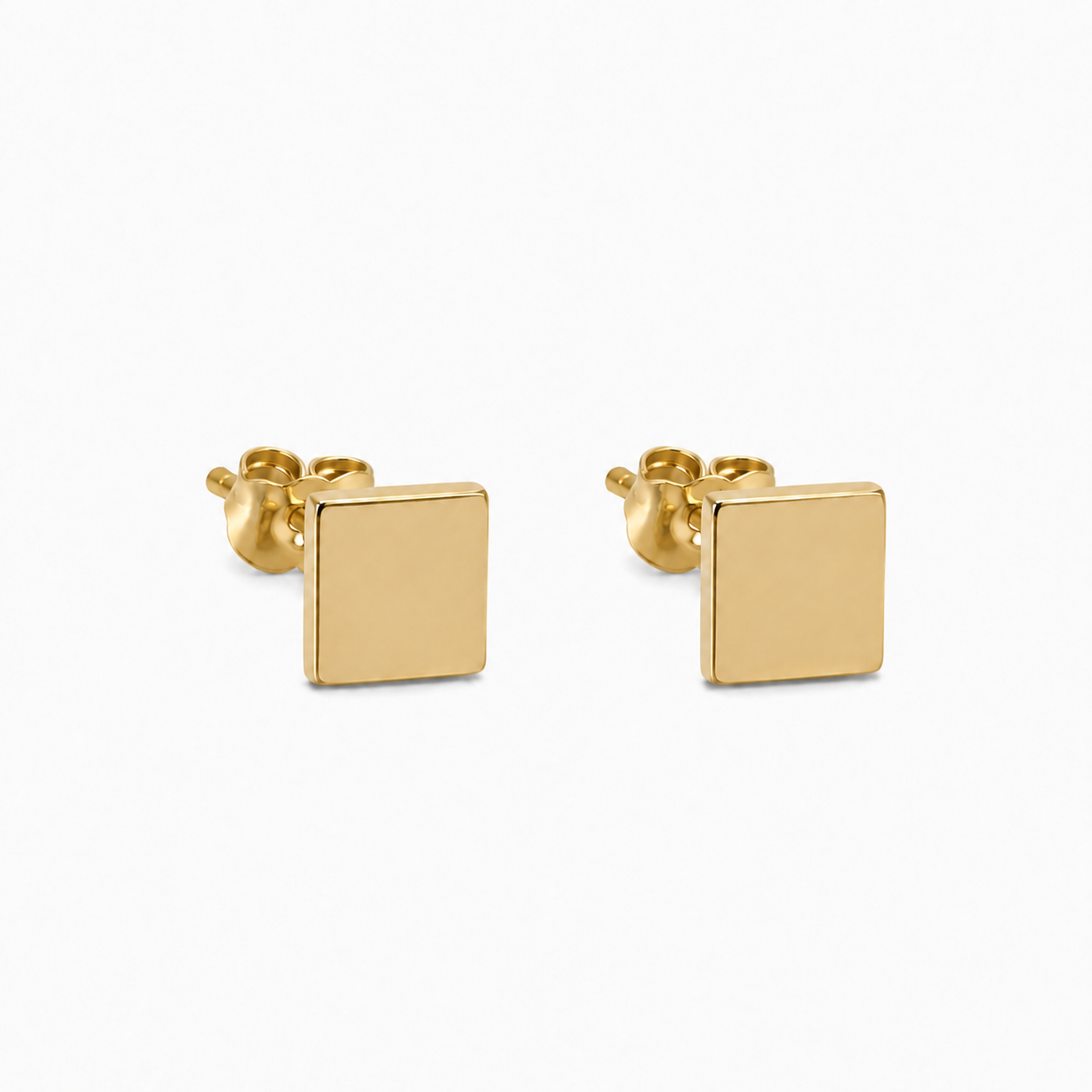 A pair of gold square stud earrings with a polished, flat front face and secure post backings, displayed on a clean white background.